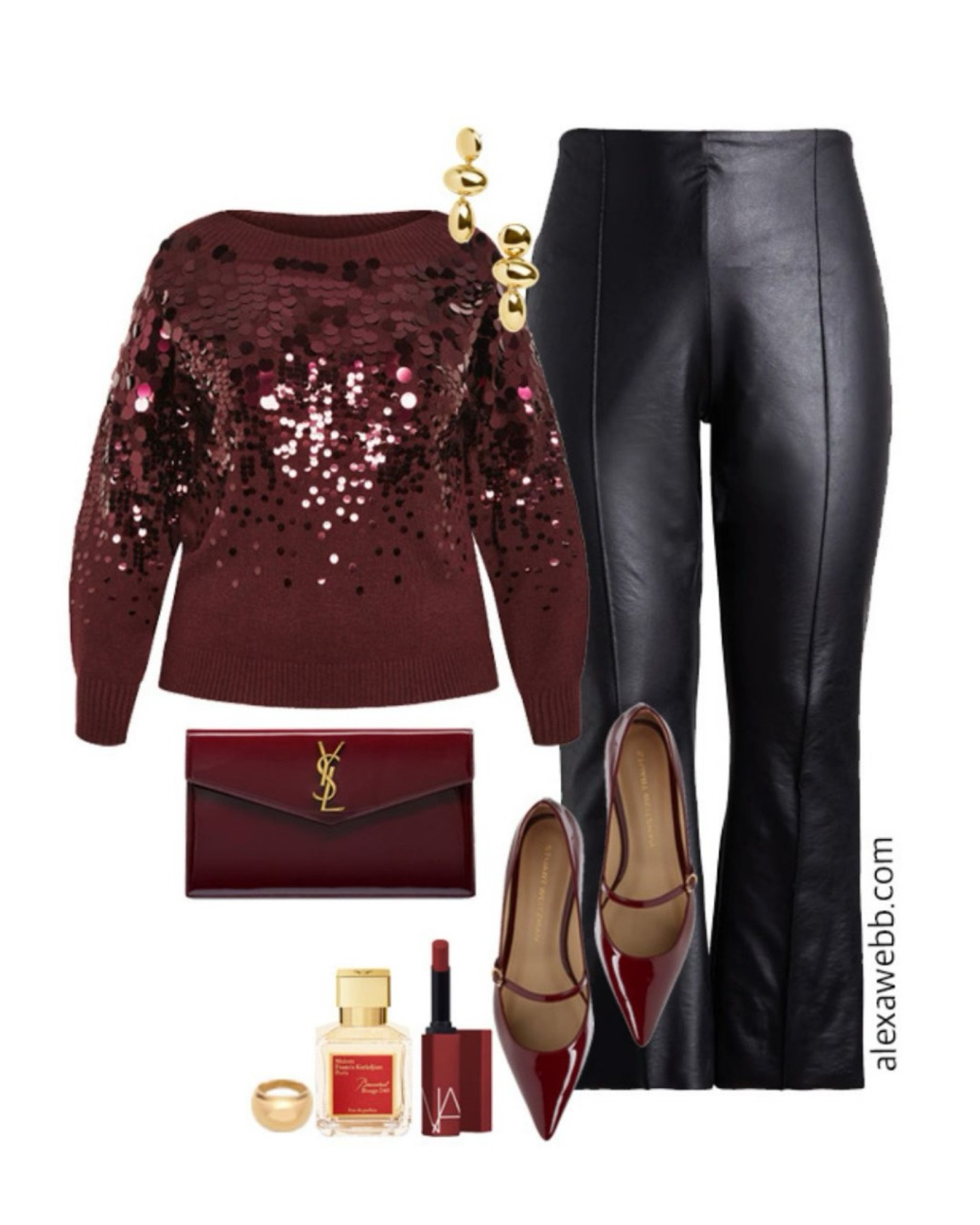 Plus Size Burgundy Sequin Sweater Outfits - A plus size holiday or night out outfit idea with a burgundy sequin sweater, faux leather pants, and patent flats. Alexa Webb #plussize

#LTKPlusSize #LTKOver40 #LTKStyleTip