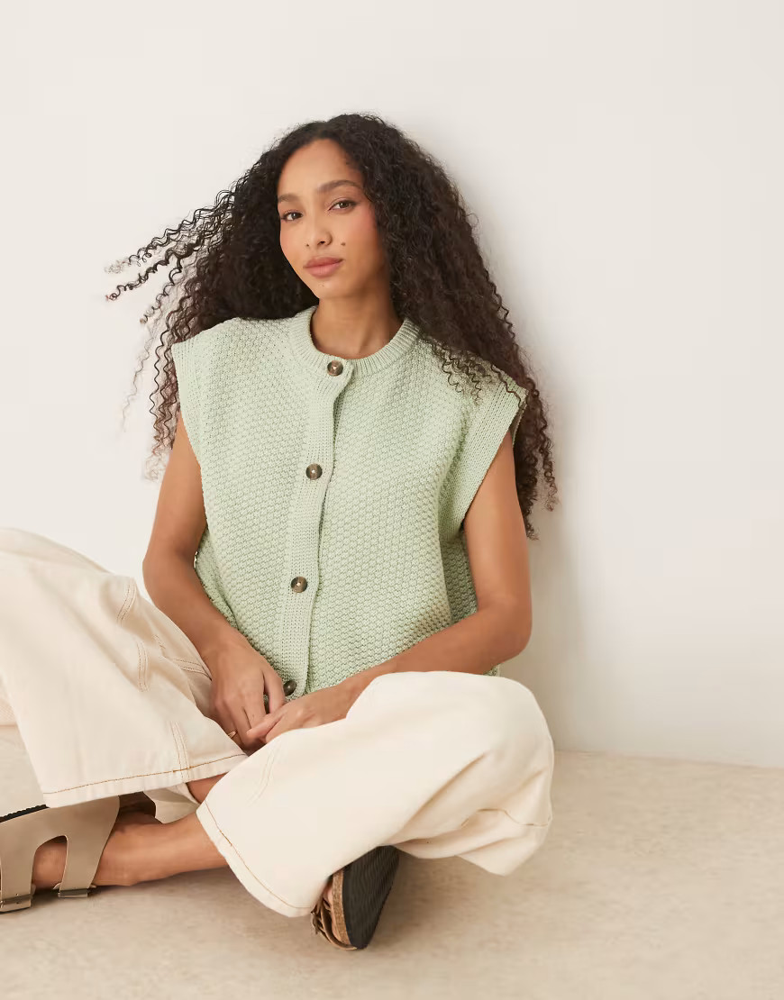 ASOS DESIGN boxy knitted stitch waistcoat with button detail in pistachio-Green | ASOS (Global)