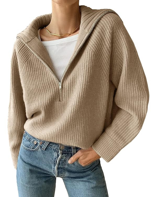 BTFBM Women’s Casual Long Sleeve Half Zip Pullover Sweaters Solid V Neck Collar Ribbed Knitted ... | Amazon (US)