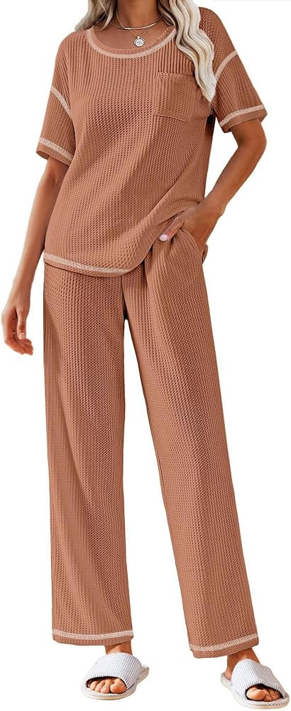 Ekouaer Waffle Knit Pajama Sets Shorts Sleeve Top and Long Pant Lounge Set Soft Loungewear Pjs Se... | Amazon (US)