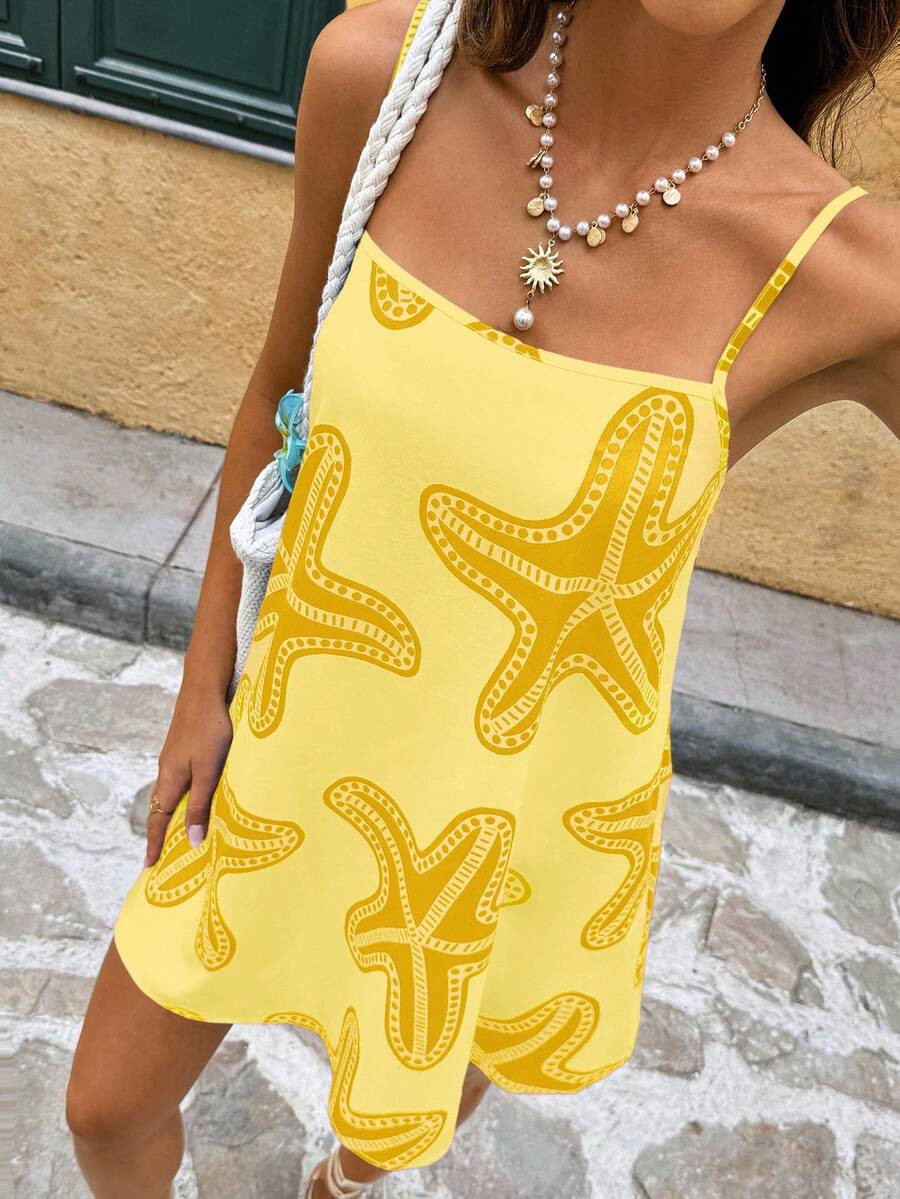 Vivid Eden Women's Casual Yellow Mini Dress With Starfish Graphic Print Spaghetti Strap Backless ... | SHEIN