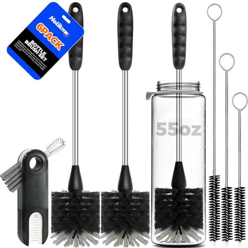 Holikme 6 Pack Bottle Brush Set, 14" Long Handle Stainless Steel Bottle Cleaner Brush, 3 Straw Brushes, 3-in-1 Bottle Cleaning Brush for Water Bottle, Antistatic Lab Brushes, Straws Black | Amazon (US)