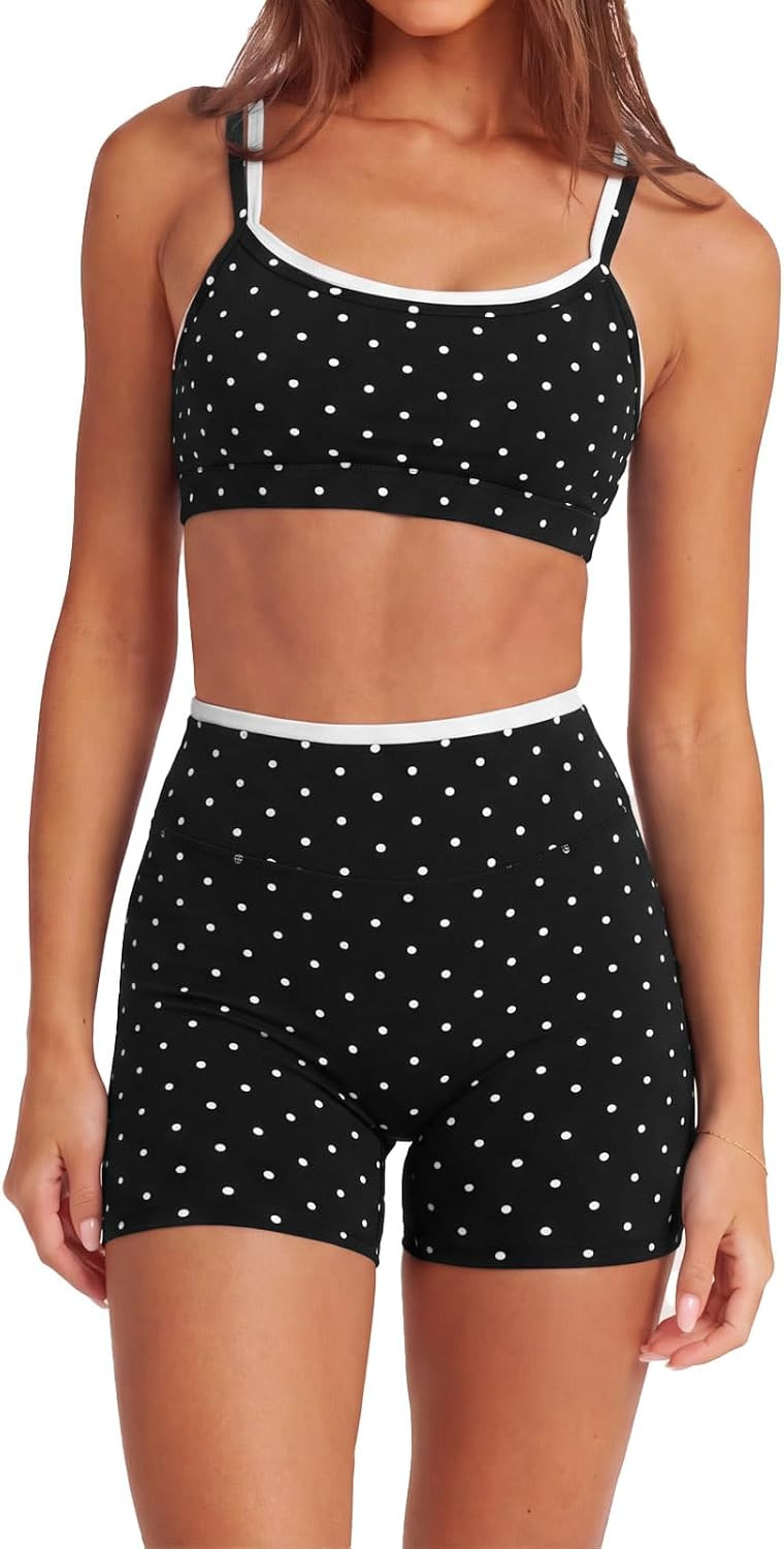 SUUKSESS 2 Piece Workout Sets Layered Sports Bra Yoga Gym Biker Shorts | Amazon (US)