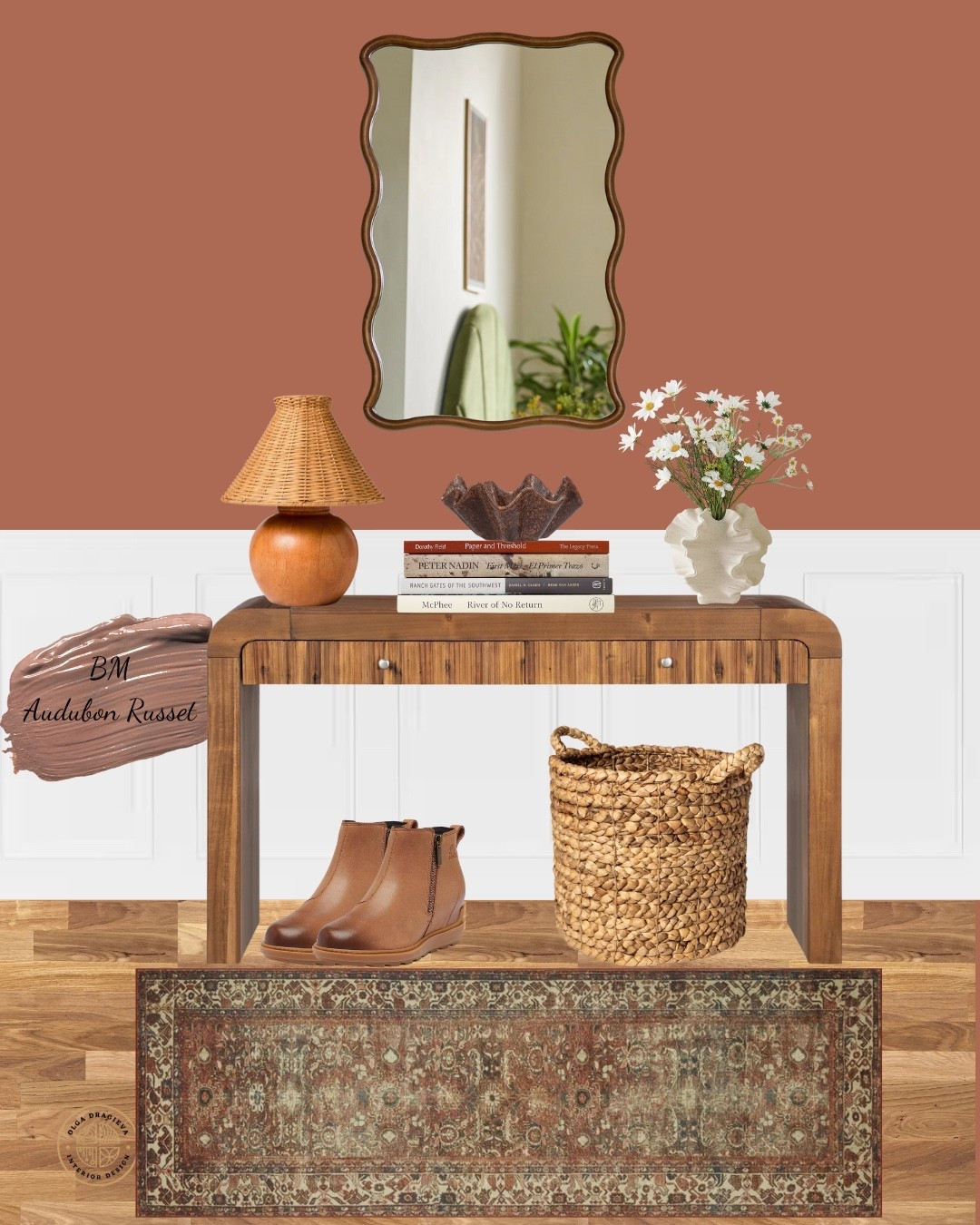 Warm and inviting entryway! Entryway mood board, affordable console table, sculptural vase, rattan basket, beautiful table lamp from Target, curvy mirror, vintage runner, Sorrel boots. Fall trends! #homedecor #falldecor 

#LTKFamily #LTKHome #LTKSeasonal
