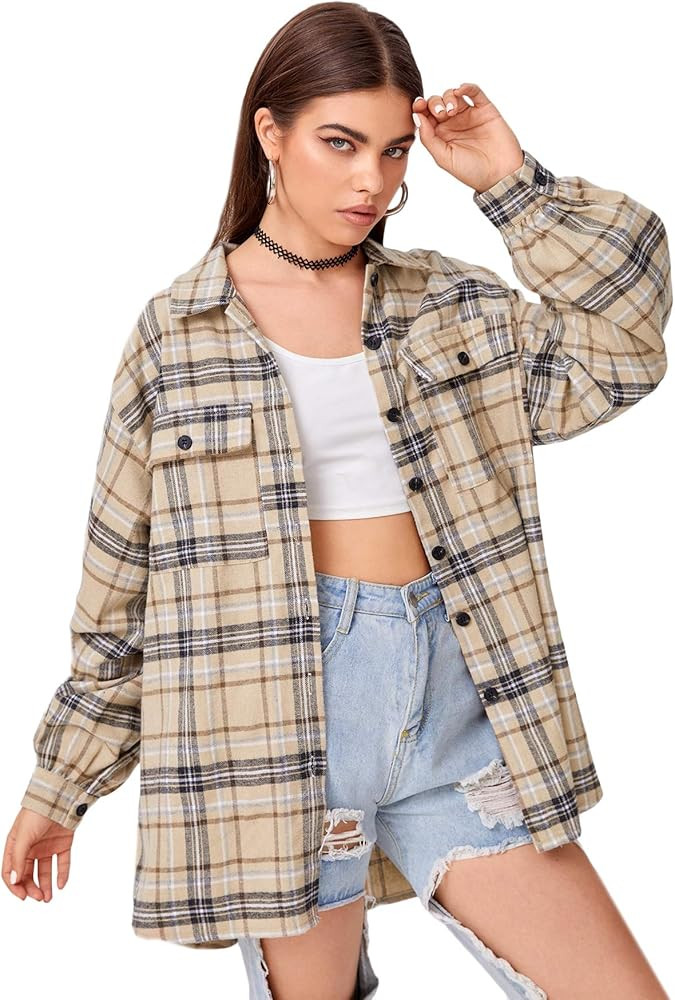 SweatyRocks Women's Long Sleeve Collar Long Button Down Plaid Shirt Blouse Tops | Amazon (US)