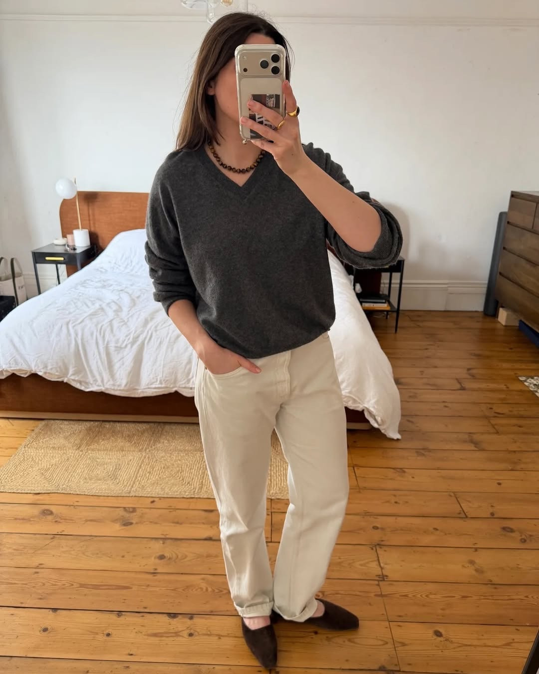 Simple OOTD wearing white denim jeans and a grey knit with a statement necklace. Use code ANNANMV for 20% off at Monica Vinader

#LTKspring #LTKstyletip