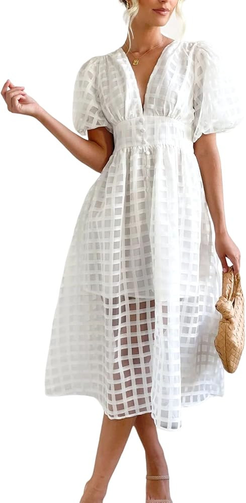 Melliflo Womens Puff Sleeve Party Dress V Neck Solid Color Gridded Dress Zipper Back A-Line Midi ... | Amazon (US)