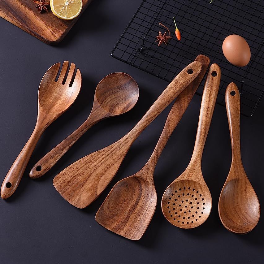 Wooden Kitchen Utensils set,NAYAHOSE Wooden Spoons for cooking Natural Teak Wood Kitchen Spatula Set | Amazon (US)