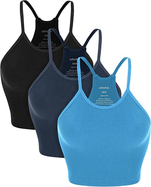 ODODOS Women's Crop 3-Pack Washed Seamless Rib-Knit Camisole Crop Tank Tops | Amazon (US)