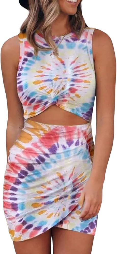 BTFBM Women Sleeveless Casual Summer Crewneck Bodycon Dresses Hollow Out Slim Twist Wrap Short Tank  | Amazon (US)