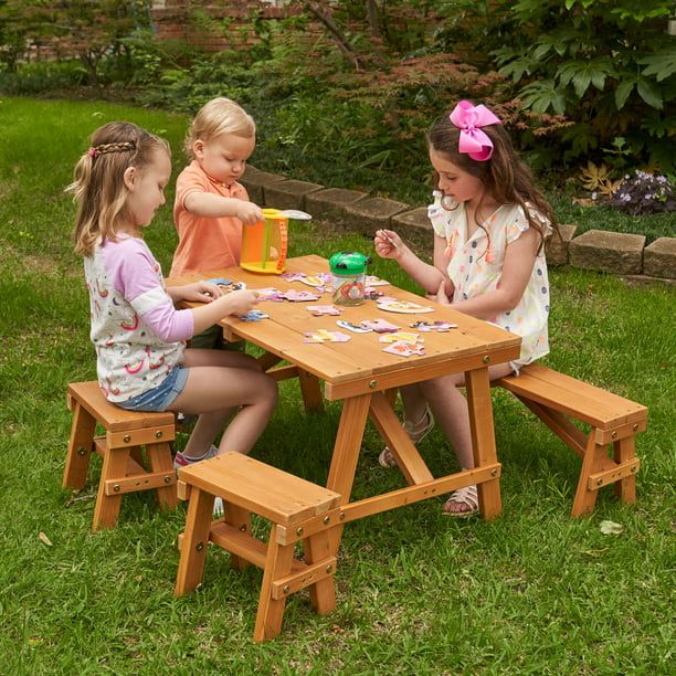 KidKraft Wooden Outdoor Picnic Table with Three Benches, Kids Patio Furniture, Amber | Walmart (US)