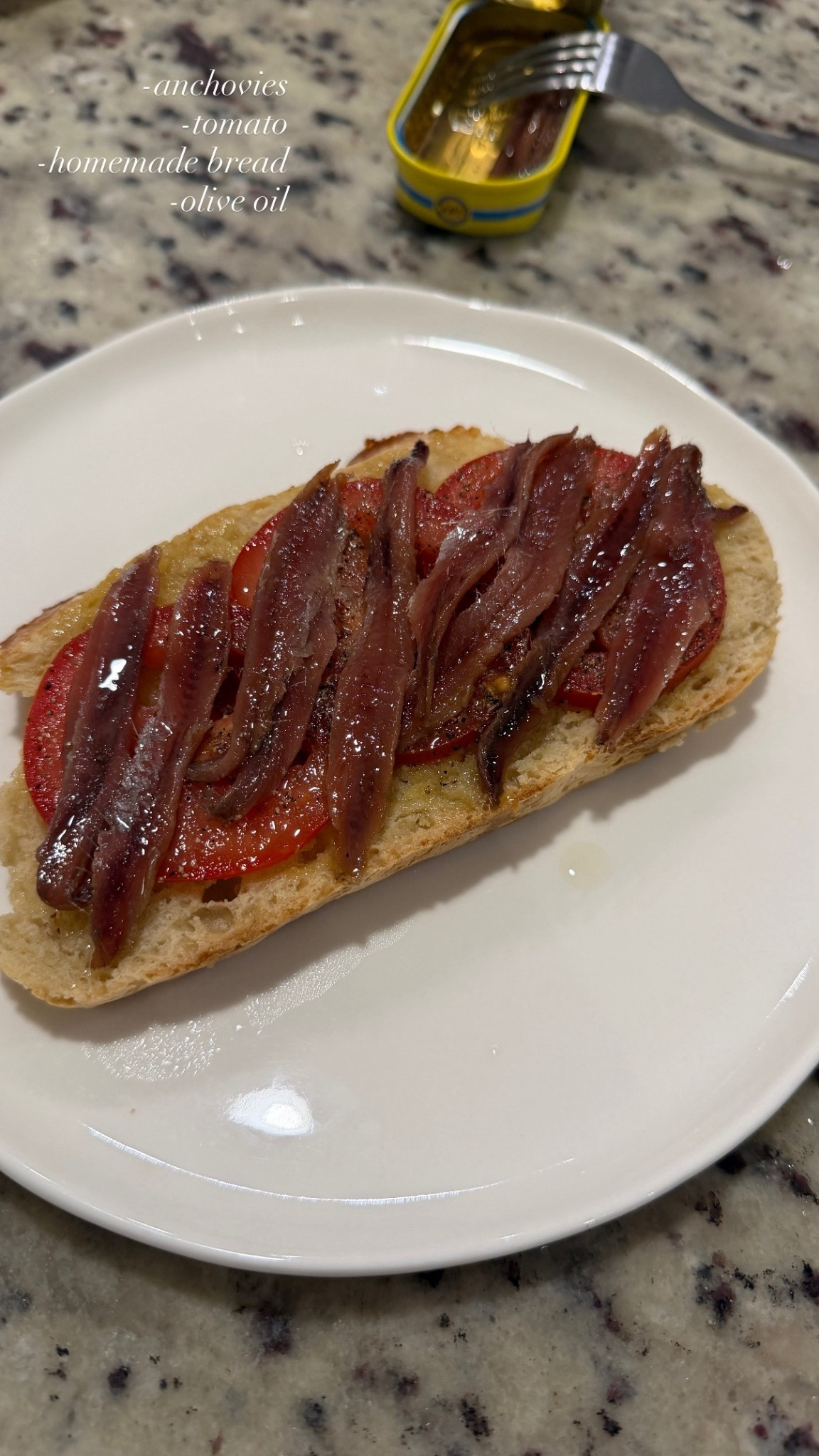 Girl lunch idea 😁 appetizer idea, dinner idea,

-anchovies 
-toasted bread (homemade recipe on my page)
-olive oil
-tomatoes with black pepper 

This brand of anchovies are super salty alone you need the tomato to balance it all 

#LTKfoodie
