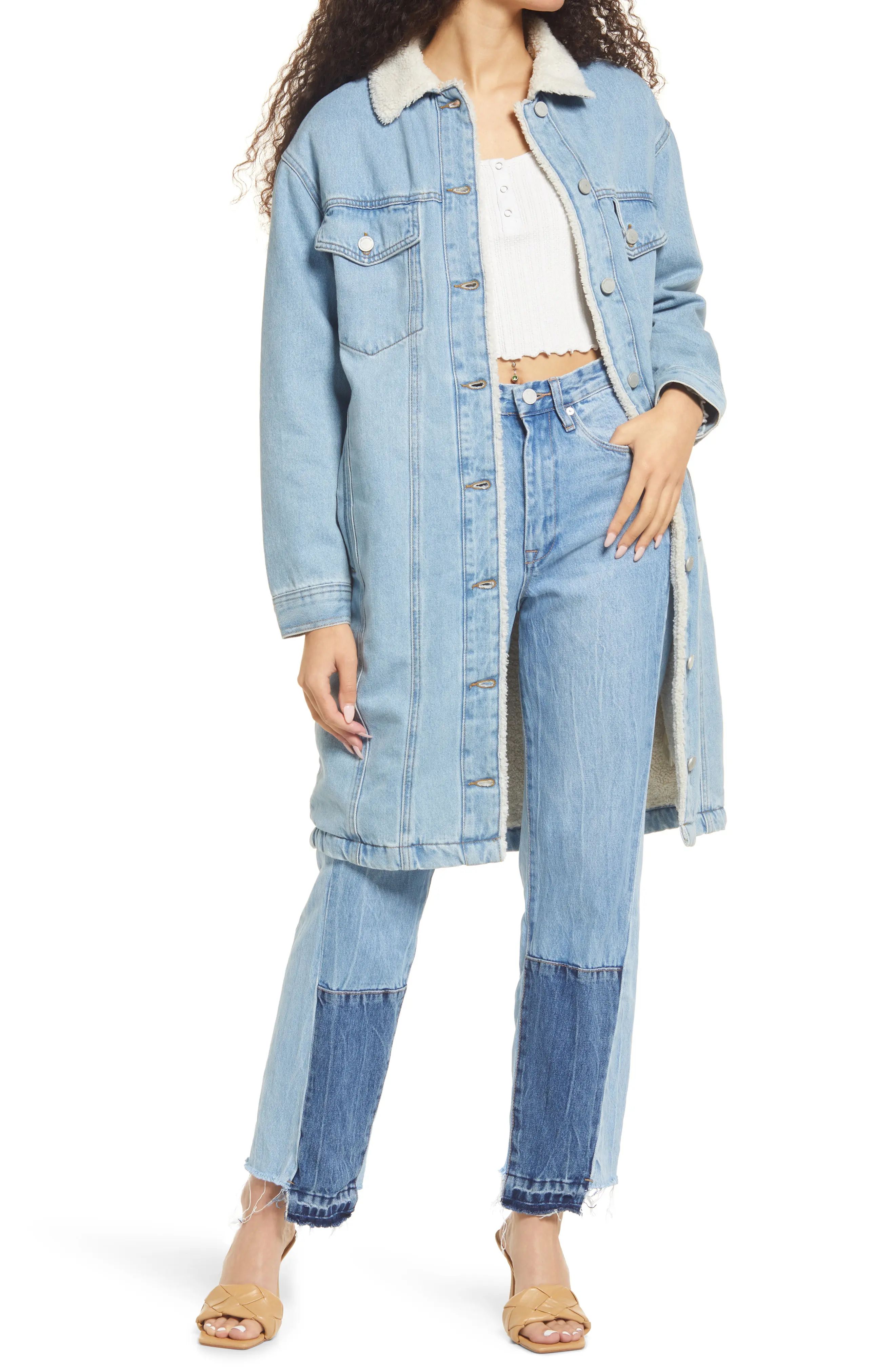 BLANKNYC Long Denim Jacket with Faux Shearling Collar, Size X-Small in Hit The Road at Nordstrom | Nordstrom