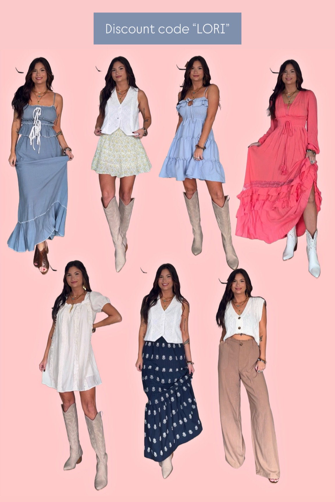 New spring styles! Love of maxi skirts and flowy whimsy/boho dresses! My favorite to style 🩷 code LORI for 25% off

Wearing size small in the maxi skirt, skirt, and pants! Size xs in everything else 

#LTKFindsUnder100 #LTKStyleTip #LTKSeasonal