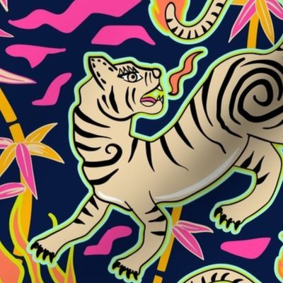 Bright flaming spring tigers - Asian beasts on midnight blue - large | Spoonflower