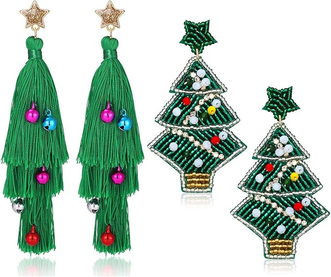 Christmas Earrings for Women Beaded Christmas Tree Snowflake Snowman Jingle Bell Tassel Drop Dang... | Amazon (US)