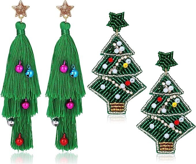 Christmas Earrings for Women Beaded Christmas Tree Snowflake Snowman Jingle Bell Tassel Drop Dang... | Amazon (US)