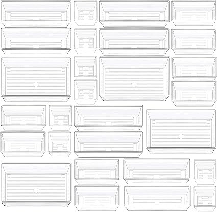 28 PCS Clear Plastic Drawer Organizer Set, 4-Size Versatile Bathroom and Vanity Drawer Organizer ... | Amazon (US)