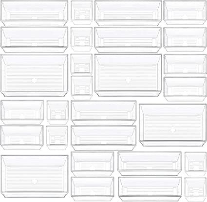 28 PCS Clear Plastic Drawer Organizer Set, 4-Size Versatile Bathroom and Vanity Drawer Organizer ... | Amazon (US)