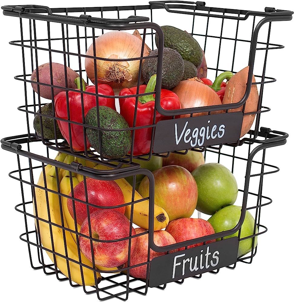 Stacking Wire Market Baskets with Chalk Label - Set of 2 - Fruit Vegetable Produce Metal Storage ... | Amazon (US)