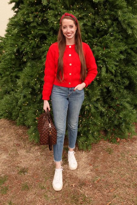 Casual Christmas outfit! 
.
Red sweater holiday outfit white sneakers 

#LTKHoliday #LTKstyletip #LTKfindsunder50