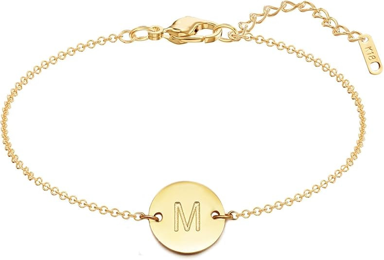 MOMOL Initial Charm Bracelets, 18K Gold Plated Stainless Steel Dainty Small Round Coin Disc Initi... | Amazon (US)