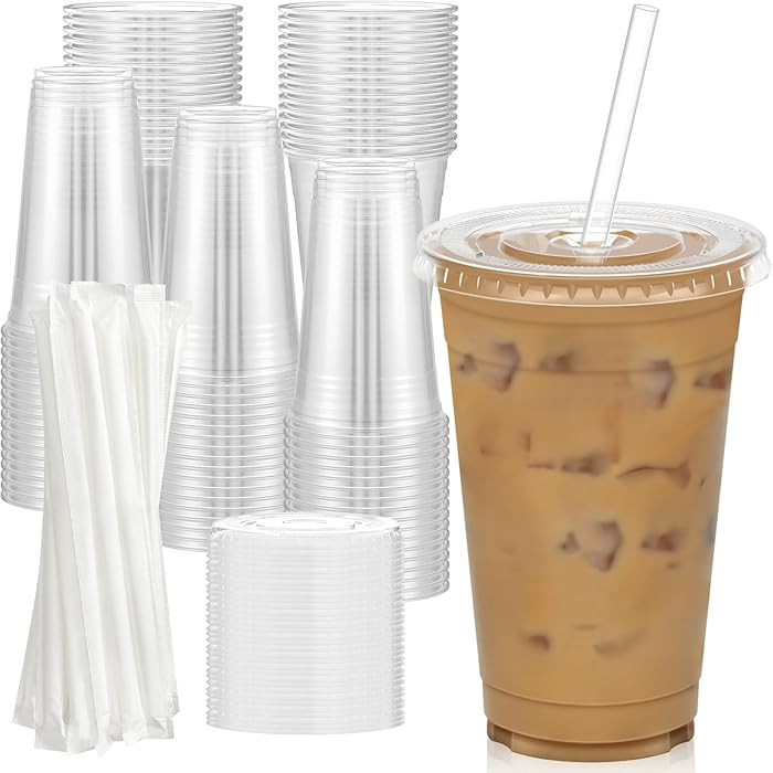 100 Pack - 20 oz Clear Plastic Cups with Lids and Straws, Sturdy & Food Safe Iced Coffee Cups wit... | Amazon (US)