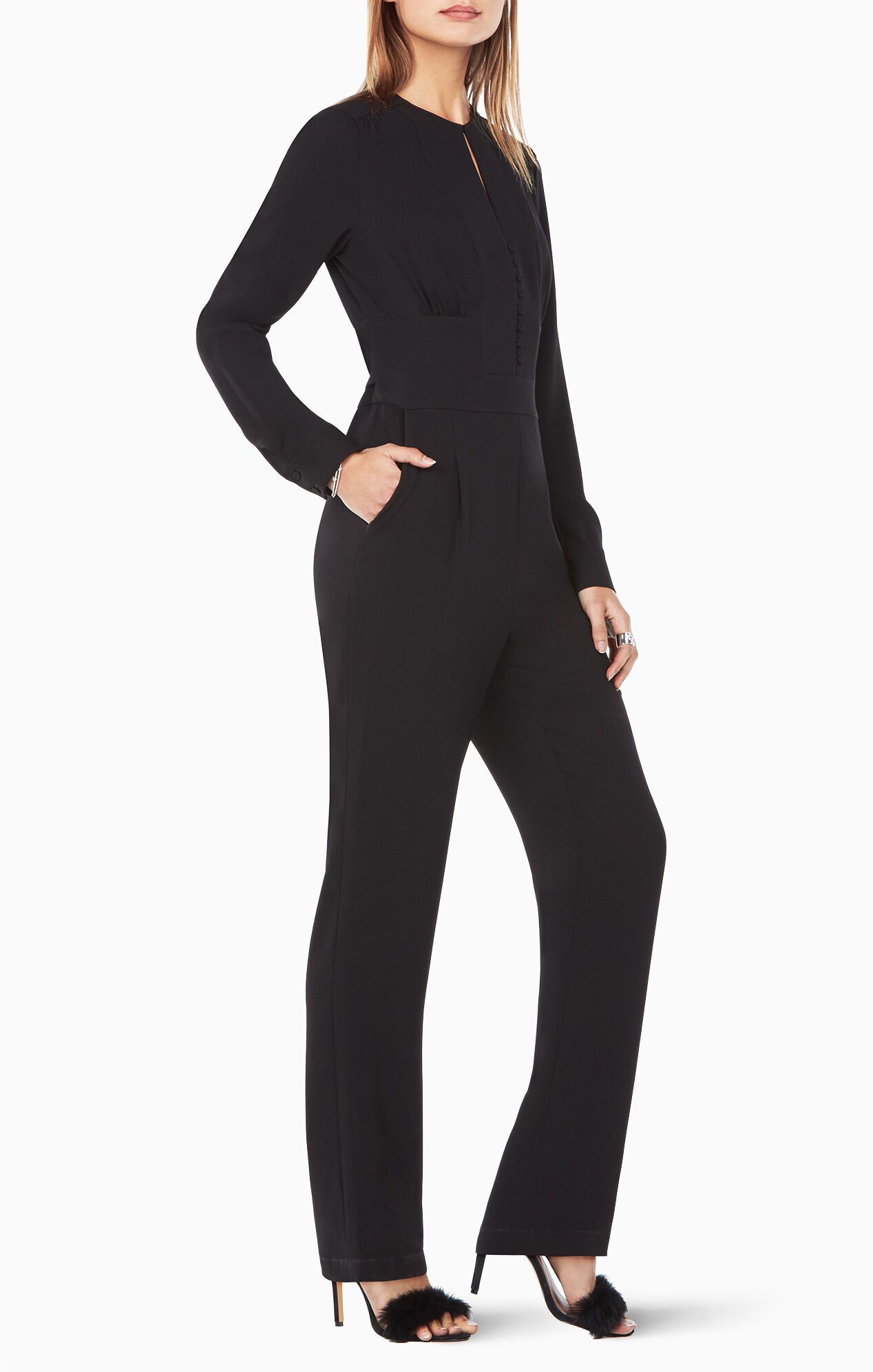 BCBGMAXAZRIA Schyler Long-Sleeve Button-Down Jumpsuit - Black | BCBG