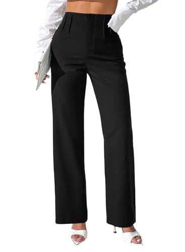 Pink Queen Womens Dress Pants Tummy Control High Waist Slacks for Women Business Casual Curvy Trousers Wide Leg Black Work Slacks Straight Leg Pleated with Pockets Black L | Amazon (US)