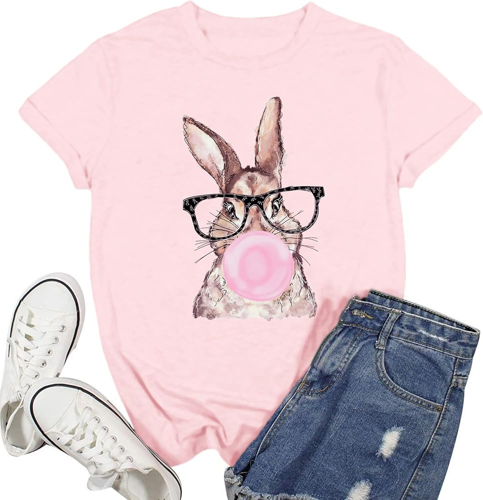 Happy Easter Shirts for Women Bunny with Leopard Glasses T-Shirt Floral Rabbit Tee Tops | Amazon (US)