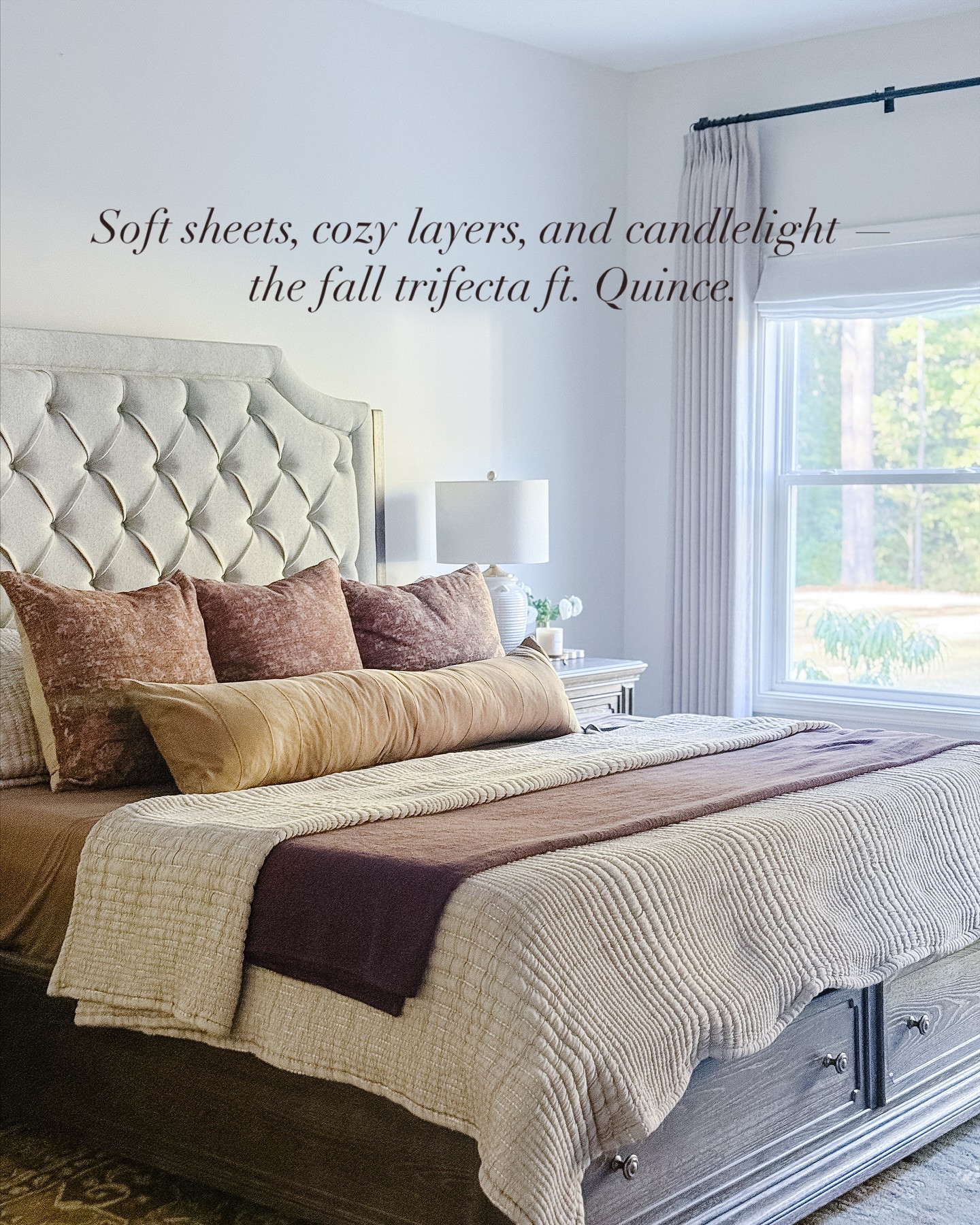 When styling our bedroom for fall, these @onequince picks deliver: bamboo sheets, Channel Cotton Stitch Coverlet, and the English Rose Candle — effortless luxury, every night. 🤎

New customers get 10% off with code INFG-25PHILOMENAANDCO10 — treat yourself to cozy season essentials.

#QuincePartner #quincehome #bedroomgoals