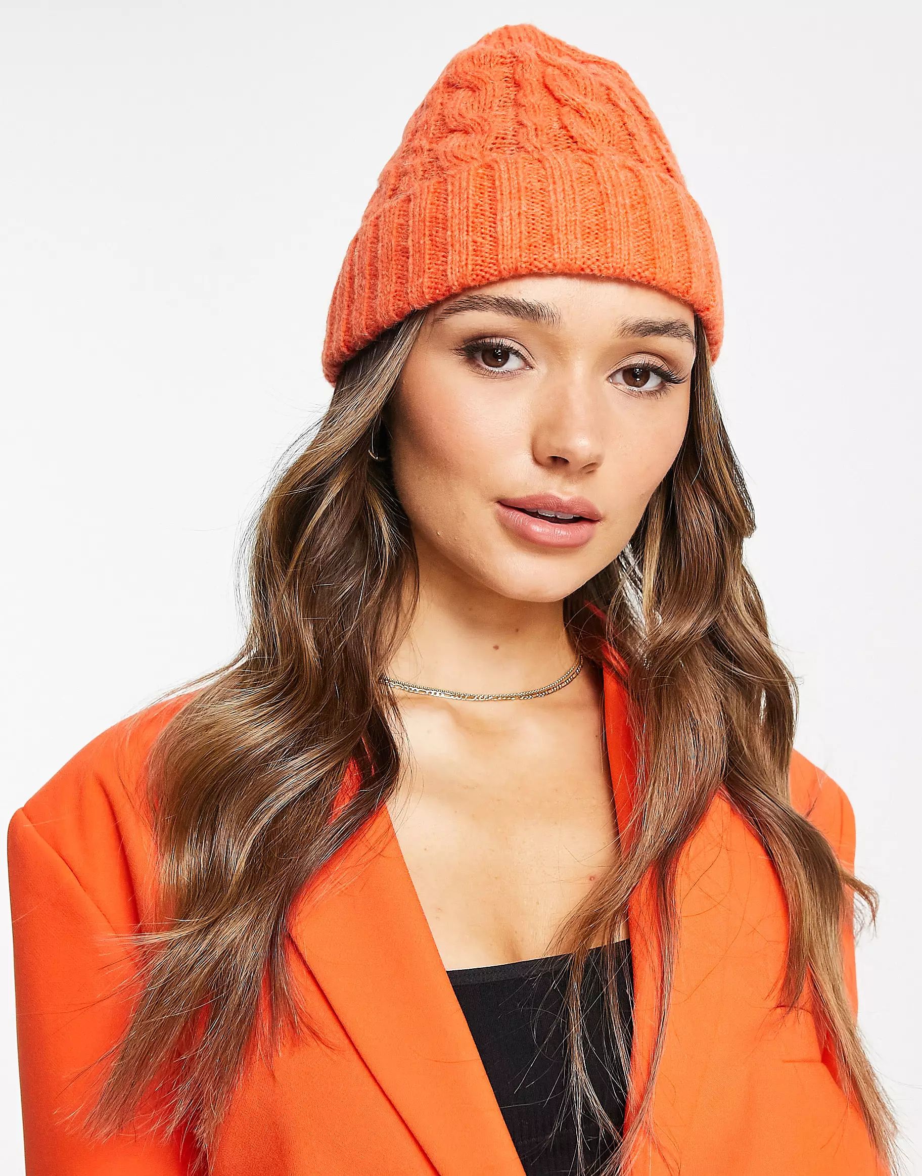 French Connection cable knit beanie in orange | ASOS (Global)