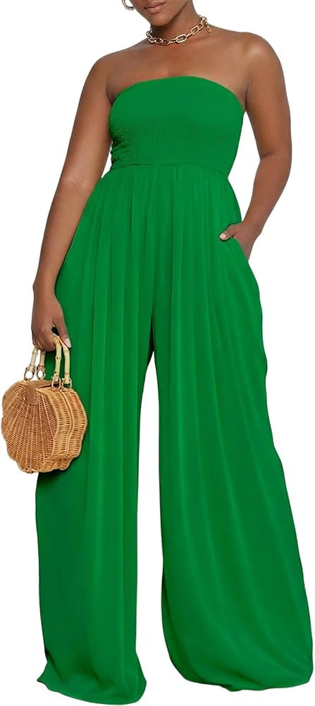 Women's Strapless Tube Wide Leg Jumpsuits Smocked Women Jumpsuits Dressy Casual Flowy One Piece J... | Amazon (US)