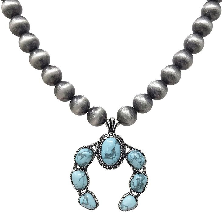 Turquoise Stone Squash Blossom Pendant Native Pearls Necklace 18 Inch | Amazon (US)