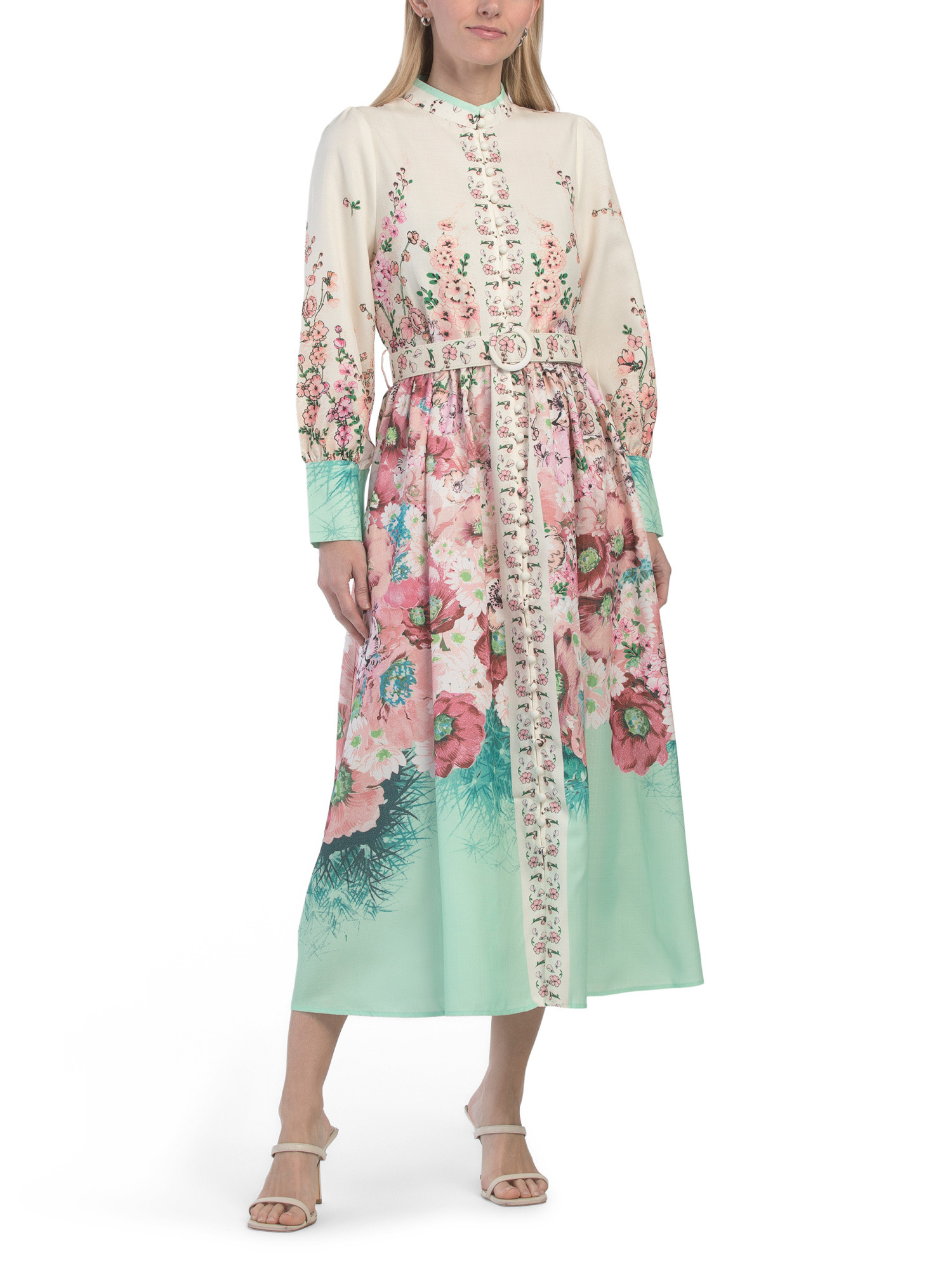 Stand Collar Floral Dress With Belt | TJ Maxx