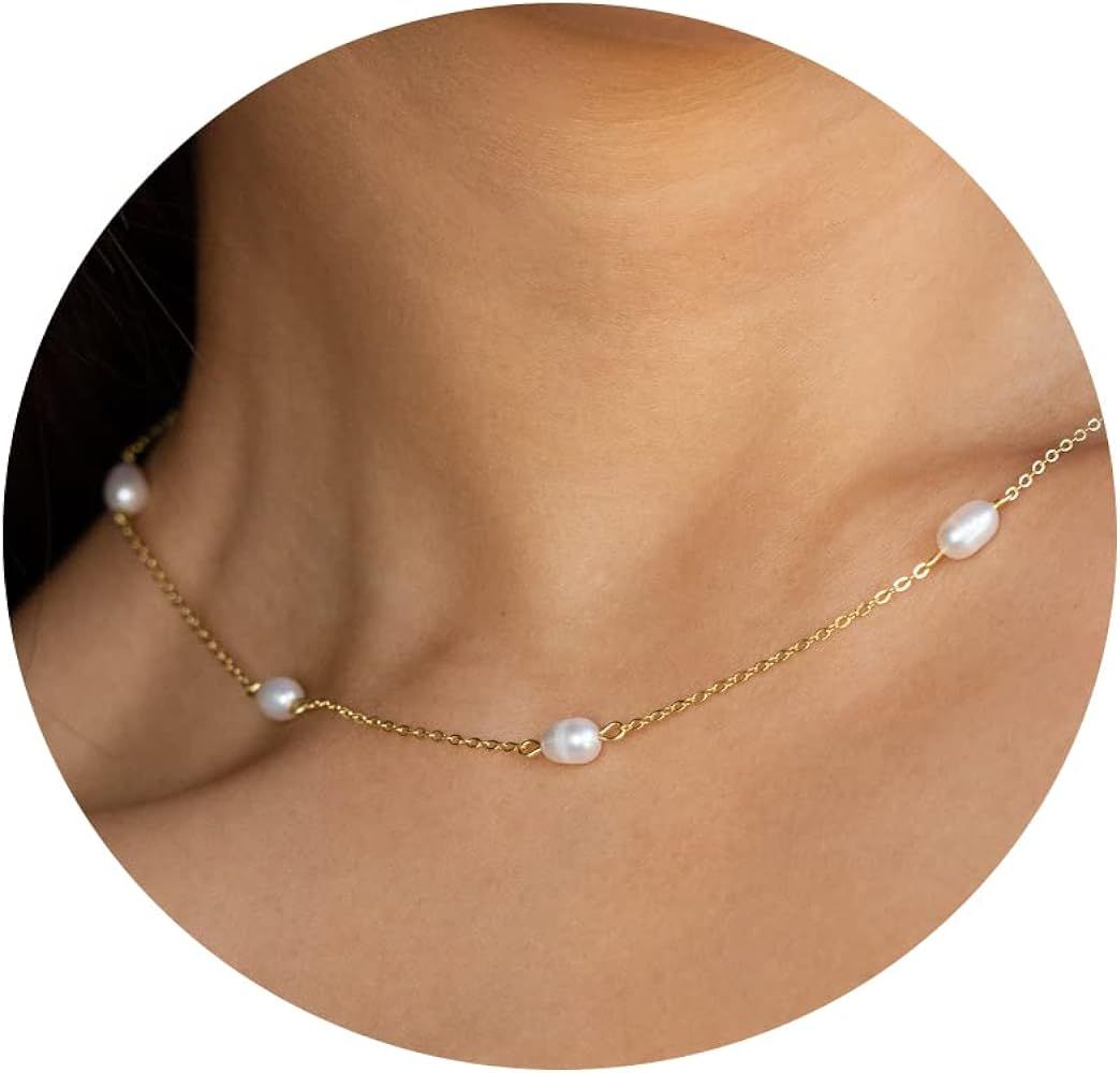 Gold Pearl Necklace Women Dainty Pearl Choker Single Pearl Pendant Pearl Strand Necklaces 18K Gol... | Amazon (US)