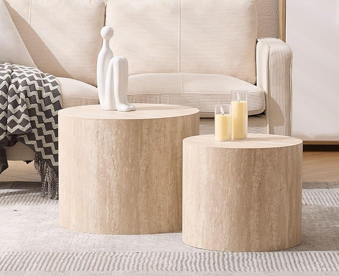 CIMOTA Round Wood Nesting Coffee Table Set of 2, Modern Circle Travertine End Side Table Sets for... | Amazon (US)