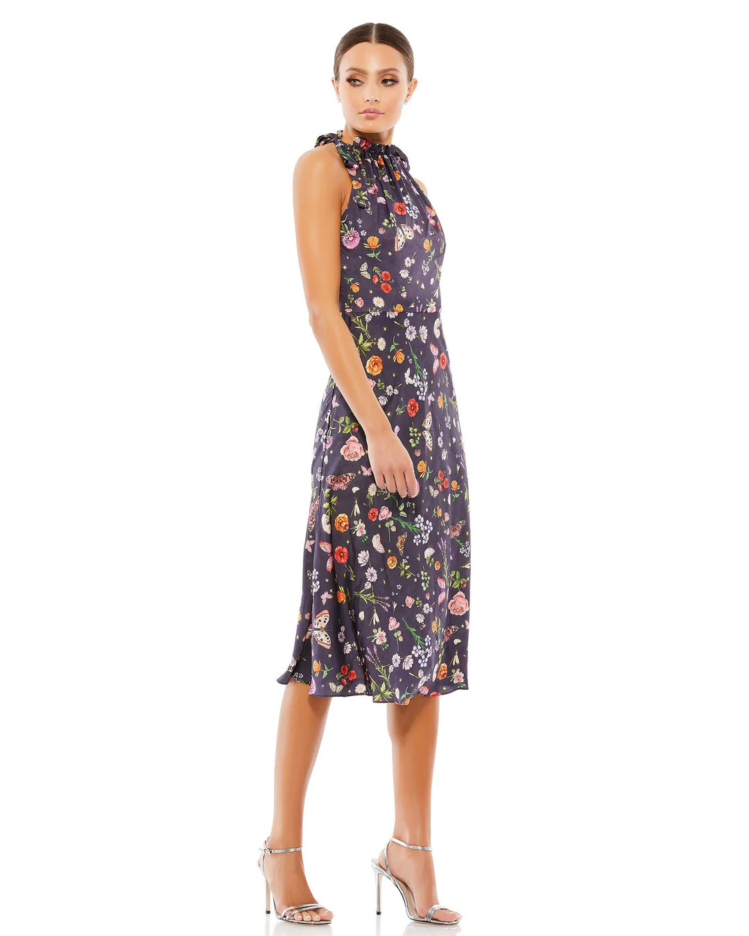 Floral Print Tie Neck Midi Dress | Mac Duggal