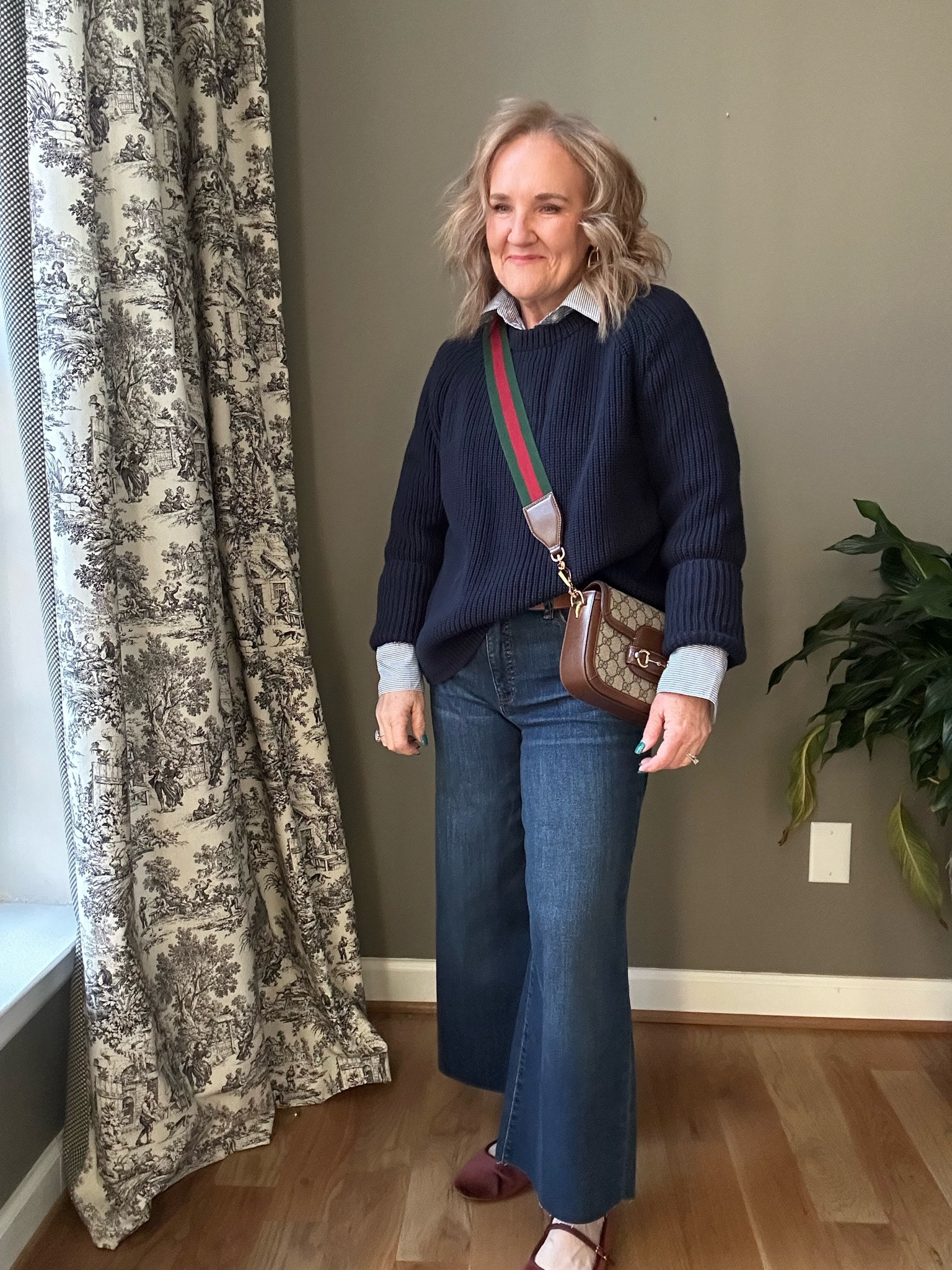 Blouse is oversized. I’m wearing a large 
Jeans I cut about 2” off the raw hem. These are a 10. 
Quince cotton sweater is an XL. I’d say it’s true to size but you can see it’s quite oversized in the XL. 
My birdies flats are so comfy, I love them. I’ll link a couple loafers too. 

My Gucci bag is a splurge and a treat. If you’re considering one, this is a great one. Also linking another thanks under $2k and a big wow. The tote I’m linking just might be my next bag. 


Pinterest inspired navy sweater dark wash jeans kut from the kloth meg jeans 

#LTKMidsize #LTKOver40 #LTKFindsUnder100