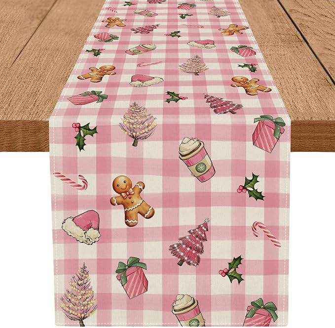 Christmas Table Runner Pink Plaid Tree Gingerbread Candy Xmas 13 x 72 Inch Winter Holiday Home Ki... | Amazon (US)