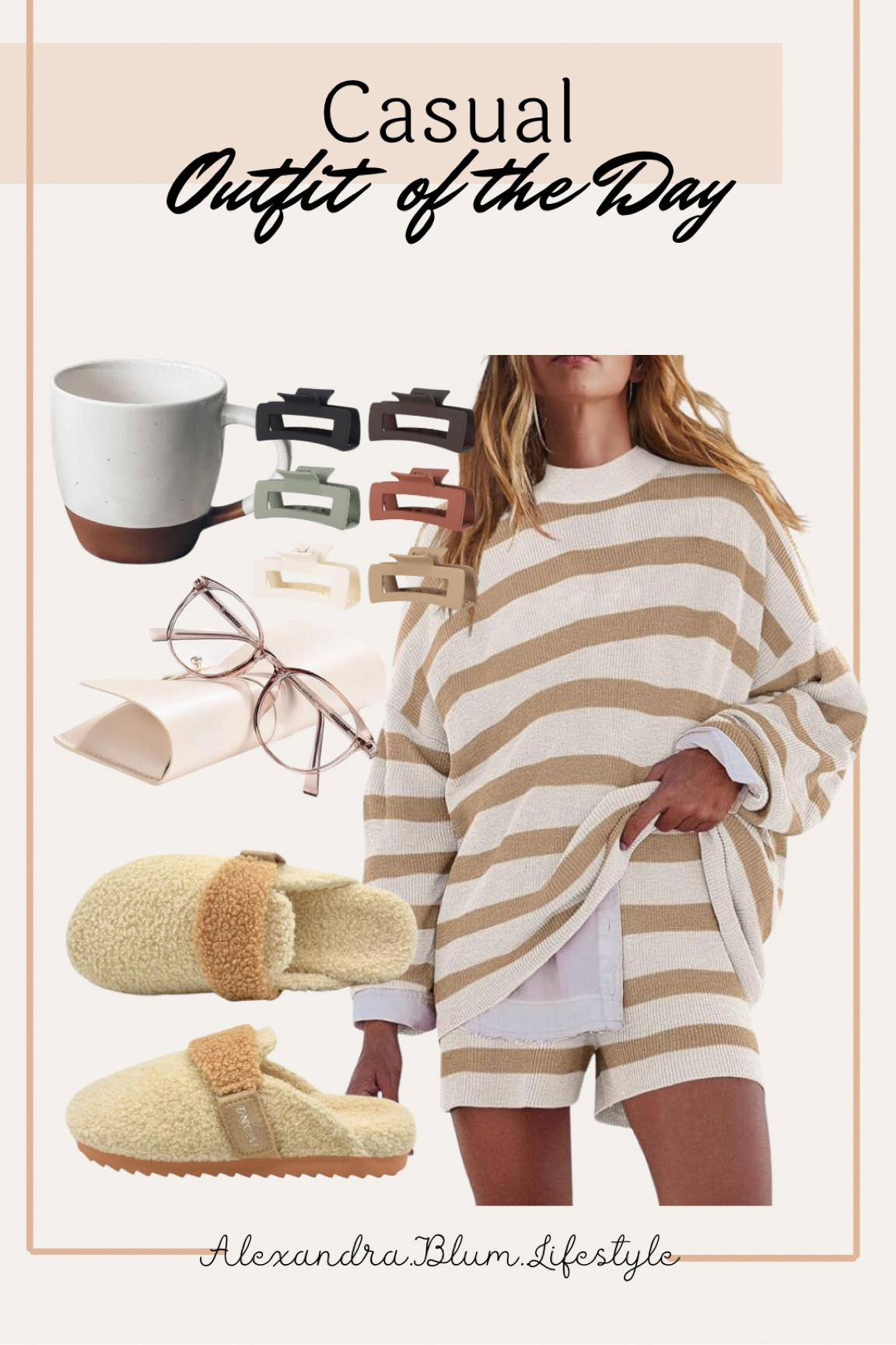 Casual matching lounge set from Amazon! Outfit of the day for a rainy day! Sherpa slippers, blue light glasses, coffee mug, and hair clips! 

#LTKFindsUnder50 #LTKFindsUnder100 #LTKSeasonal