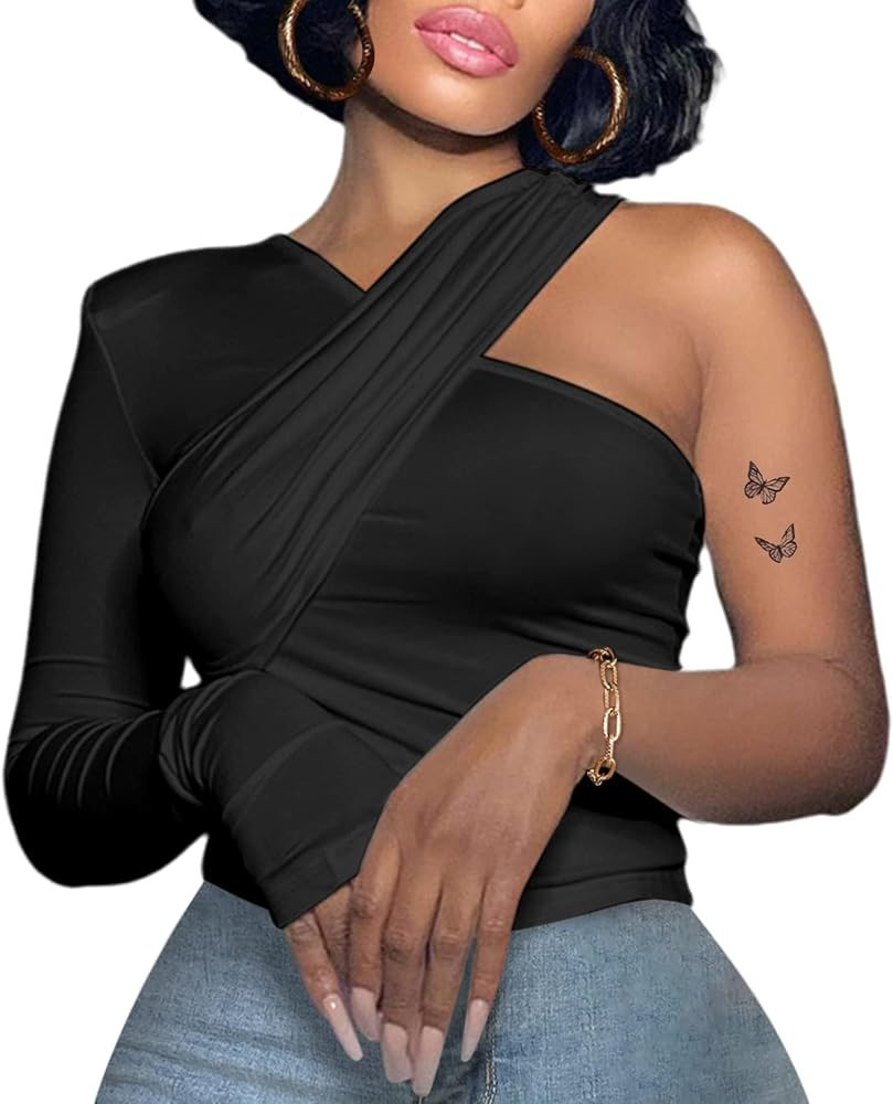 SOFIA'S CHOICE Women's Long Sleeve One Shoulder Top with Pads Criss Cross Shirt | Amazon (US)
