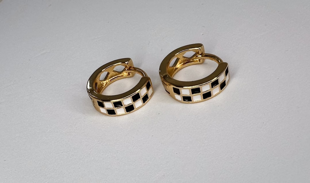 Checkered Earrings | Black And White Hoop Earrings | Gold Filled | Sterling Silver | Retro Earrin... | Etsy (US)