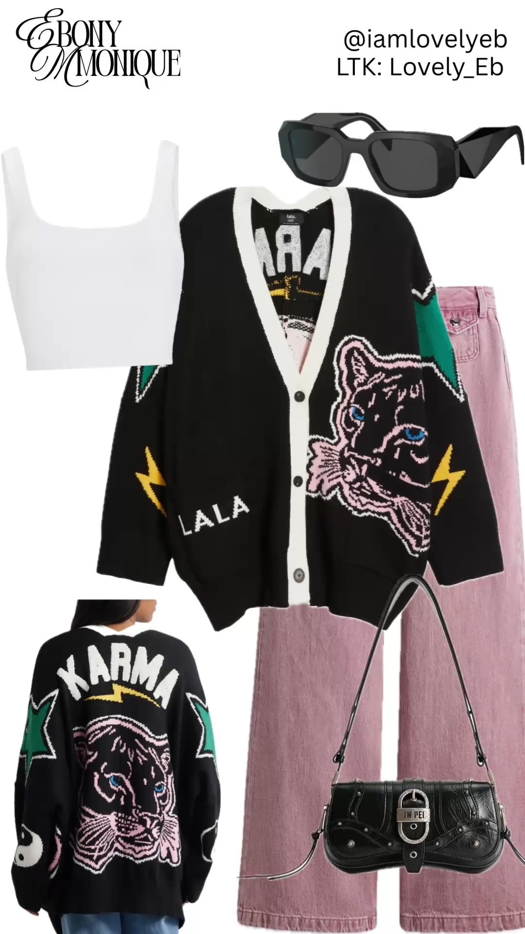 Perfect day time look for cooler weather! Graphic cardigan with coordinating colored denim jeans and trendy accessories to elevate the look even more 💖

#LTKU #LTKootd