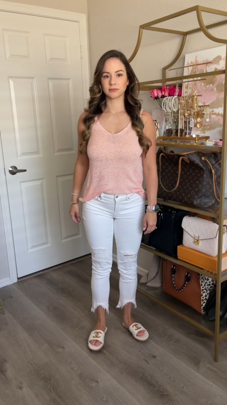 Casual Spring Outfit | Casual Knit Tank Top (wearing small/pure pink), white casual raw hem jeans (wearing 0), Chanel dupe sandals (6.5/37), Summer outfit #ootd #tanktop #whitejeans #dupe #amazonfashion #walmartfashion #outfitidea

#LTKFindsUnder100 #LTKStyleTip #LTKShoeCrush