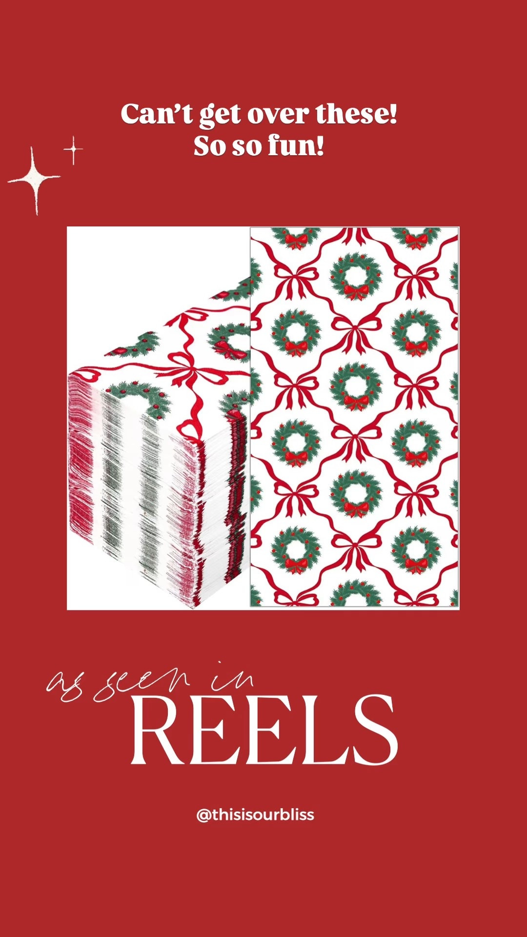 Holiday hostess gift idea!! 🎁

Cutest wreath & bow napkins!! ❤️

Part 3️⃣ // Anything But Wine Hostess Gift Series 🍾✨ (but make it practical + pretty!)
Because we’re showing up with something a little more intentional this season — festive, functional, and adorable wrapped up with a bow. 🎀

Here’s what I tucked inside this simple but elevated bundle:
	•	Acrylic napkin holder
	•	Holiday paper guest towels
	•	Mrs. Meyer’s Holiday hand soap
	•	Velvet ribbon, gift tag + tiny embellishments for that ✨extra✨ touch

Under $25 & a chic little countertop moment they’ll actually use — all season long!! 

Be sure to save & follow for more so you have an idea ready to go when those holiday invites start rolling in! 🎄💃🏻💫

#holidayparty #holidaygift #hostessgiftunder25
#hostessgifts #holidaygifting #anythingbutwine #giftchic #tistheseason #holidayhostess #thisisourbliss

#LTKFindsUnder50 #LTKHome #LTKHoliday