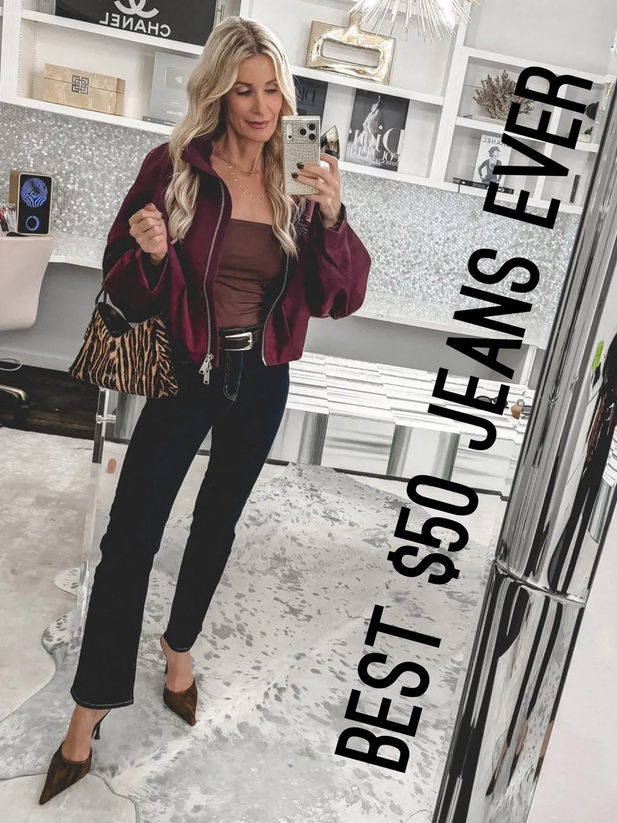 The best $50 jeans ever. Honestly. This deep, dark wash is so on trend right now, and the fit is everything: 1. High-waisted straight leg with a slim, cigarette-jean shape, so they're super flattering 2. Genuinely comfortable all day 3. Available in multiple lengths, so you can get the right fit for your height Sizing: I'm 5'4" and wearing a size 24 with a 28" inseam. I paired them with this gorgeous burgundy bomber jacket. The high collar makes it feel elevated, and this color is perfect for fall. Wearing an XS in the jacket. 

 

#LTKootd #LTKgrwm #LTKOver40