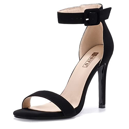 IDIFU Women's Black Gold Nude High Heel Stiletto Sandals Open Toe Dressy Wedding Party Shoes Heels for Women (Black Nubuck, 5.5MUS) | Amazon (US)