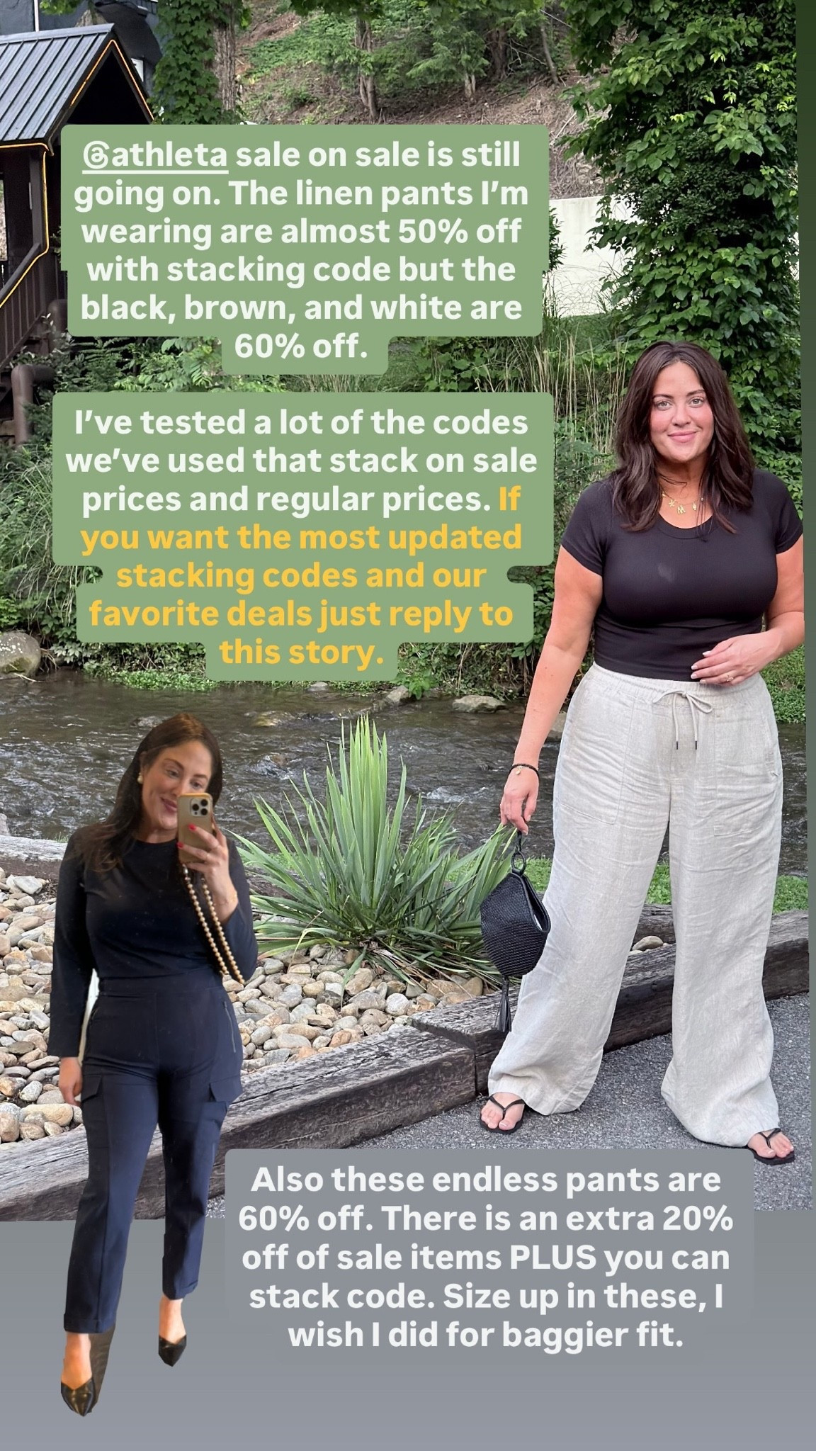Athleta’s sale is still going on, and codes are stackable! My favorite linen pants in this light neutral are almost 50% off with stacking codes, and the white, black, and brown are 60% off.

Also, these Endless High-Rise pants are 60% off. There’s an extra 20% off sale items, PLUS you can stack codes! Size up on these — I’m wearing my regular size in this photo, and I wish I had sized up for a looser fit.

Stacking code that still works: MEGHAN10

#LTKSaleAlert #LTKMidsize