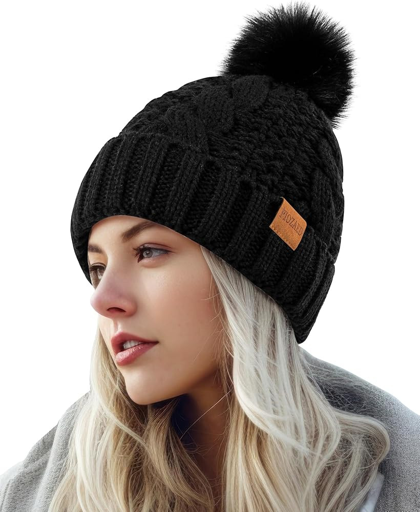 Women's Winter Pompom Beanie Warm and Cozy Knit Hat Fleece Lining Skull Cap for Women | Amazon (US)